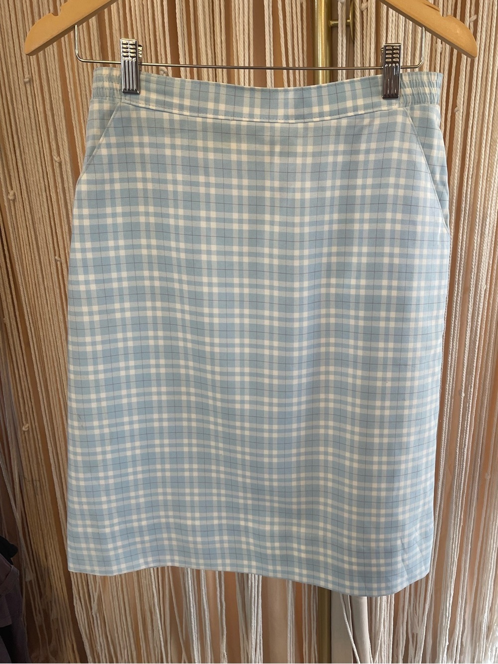 vintage light baby blue, white & pink plaid skirt with pockets gingham checkered